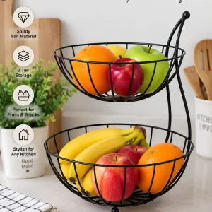 Double-Layer Fruit & Vegetable Basket – Black Metal