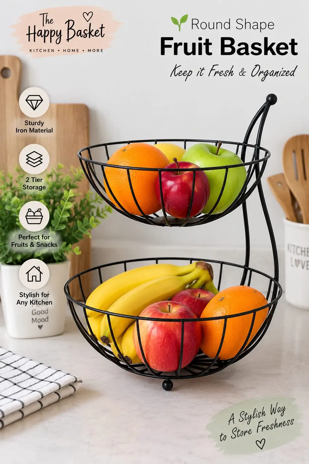 Double-Layer Fruit & Vegetable Basket โ Black Metal