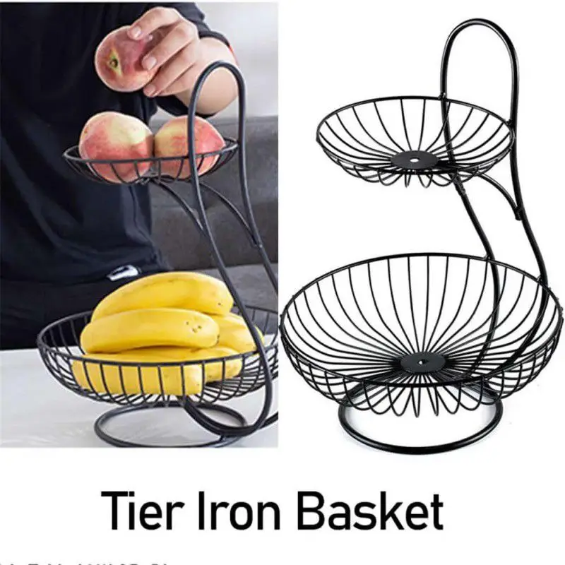 Double-Layer Fruit & Vegetable Basket โ Black Metal - Image 2